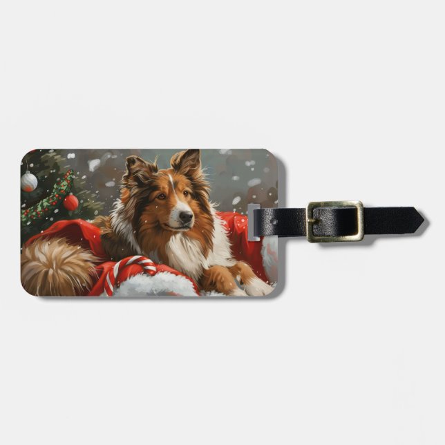 Etiqueta De Bagagem Collie Dog Natal Festivo (Frente Horizontal)