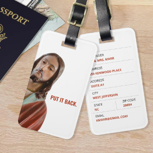 Etiqueta De Bagagem Coloque De Volta Jesus Engraçado No Fundo Branco