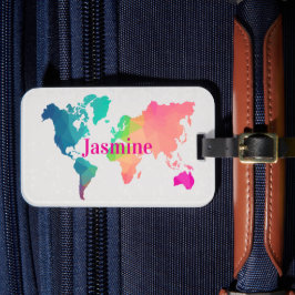 Etiqueta De Bagagem Colorful World Map Custom Monogram Name Luggage 