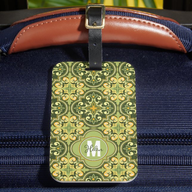 Etiqueta De Bagagem Com nome próprio 💚 azeitona 💛 e Azulejos Luggag  (Frente Insitu 2)