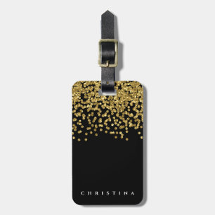 Etiqueta De Bagagem Confetti Dourado Preto Elegante Personalizado
