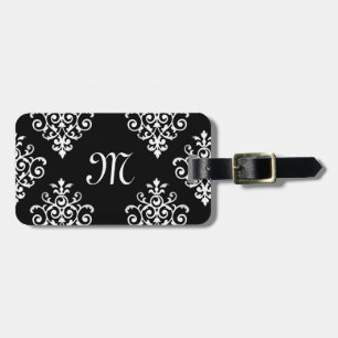 Etiqueta De Bagagem Cor damasco preto e branco Monogrammed elegante