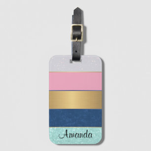 Etiqueta De Bagagem cor-de-rosa dourado, colorido, com na moda striped
