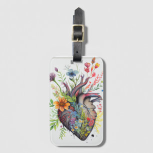 Etiqueta De Bagagem Coração anatômica e flores aquáticas amam cartão