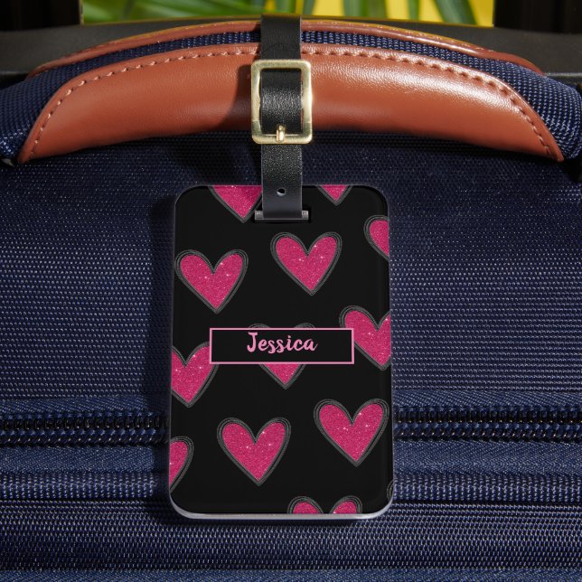 Etiqueta De Bagagem Corações Brilhantes Rosa (Frente Insitu 2)