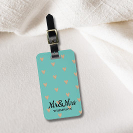 Etiqueta De Bagagem Corações Dourados do Elegante Azul Moderno, Sr. e 