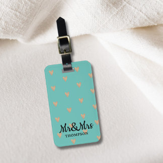 Etiqueta De Bagagem Corações Dourados do Elegante Azul Moderno, Sr. e 