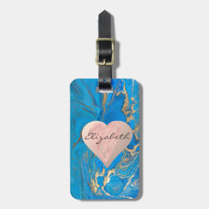 Etiqueta De Bagagem Corações Meninas Chic, Mármaco Dourado Azul - Pers