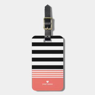 Etiqueta De Bagagem Coral preto, branco & vivo listrado personalizado