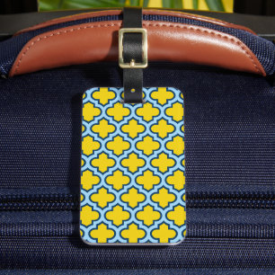 Etiqueta De Bagagem Corante amarelo e azul-bebê, latido, quatrefoil
