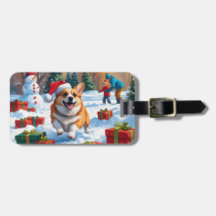 Etiqueta De Bagagem Corgi Correndo na Neve com Chapéu de Natal