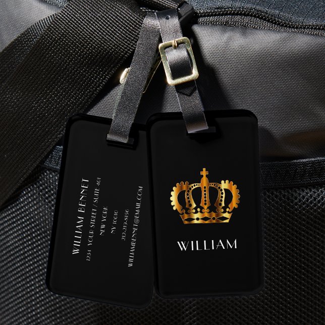 Etiqueta De Bagagem Coroa Dourada Negra Elegante (Elegant Black Faux Gold Crown Luggage Tag)