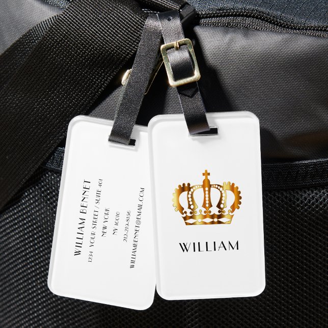Etiqueta De Bagagem Coroa Elegante Personalizada (Royal Gold Crown Customized Name White Luggage Tag)