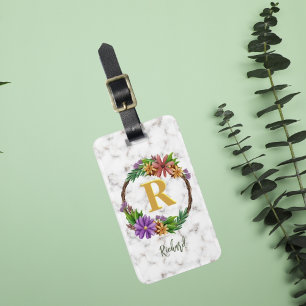 Etiqueta De Bagagem Coroa Floral Letra Inicial Monograma Nome Mármore