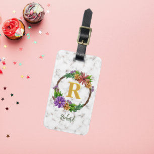 Etiqueta De Bagagem Coroa Floral Letra Inicial Monograma Nome Mármore