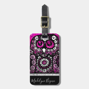 Etiqueta De Bagagem Coruja-Viagem de-pássaro preto brilhante rosa