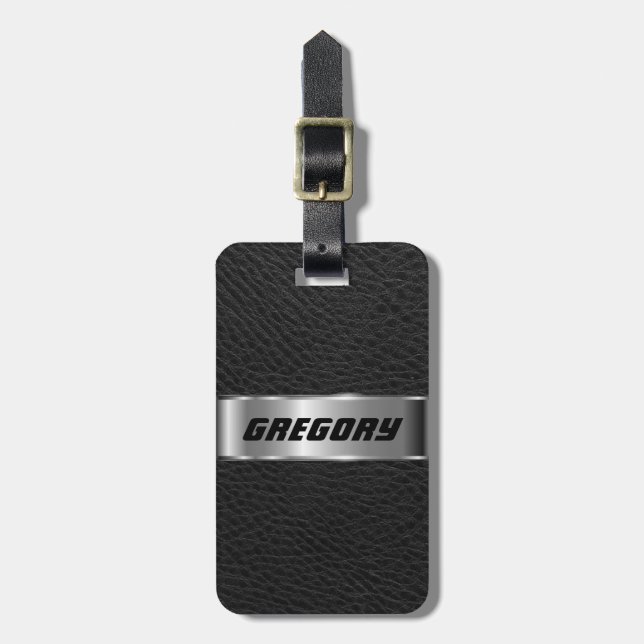 Etiqueta De Bagagem Couro e Prata Pretos Masculinos 3 (Frente Vertical)