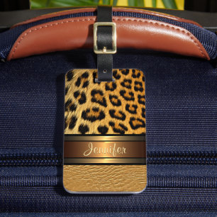 Etiqueta De Bagagem Couro Falso Dourado com Pele de Leopardo Personali