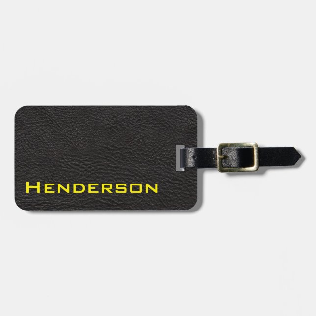 Etiqueta De Bagagem Couro preto com texto amarelo (Frente Horizontal)