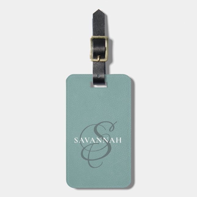 Etiqueta De Bagagem Couro Verde Dusty Monograma com Script Elegante (Frente Vertical)