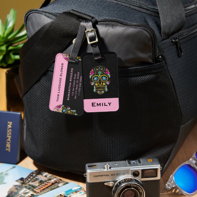 Etiqueta De Bagagem Crânio De Açúcar Retro Floral (Frente e verso)