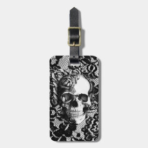Etiqueta De Bagagem Crânio preto e branco do rosa no fundo do laço