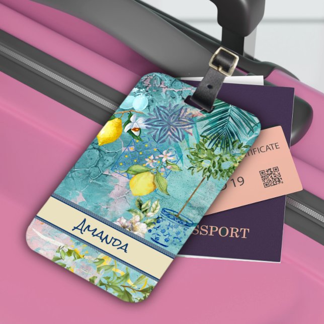 Etiqueta De Bagagem Crochio-azul-turquesa-siciliana-citrinos florais (Criador carregado)