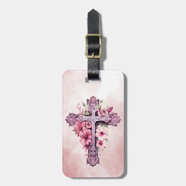 Etiqueta de Bagagem Cruz de Flores Rosa (Frente Vertical)