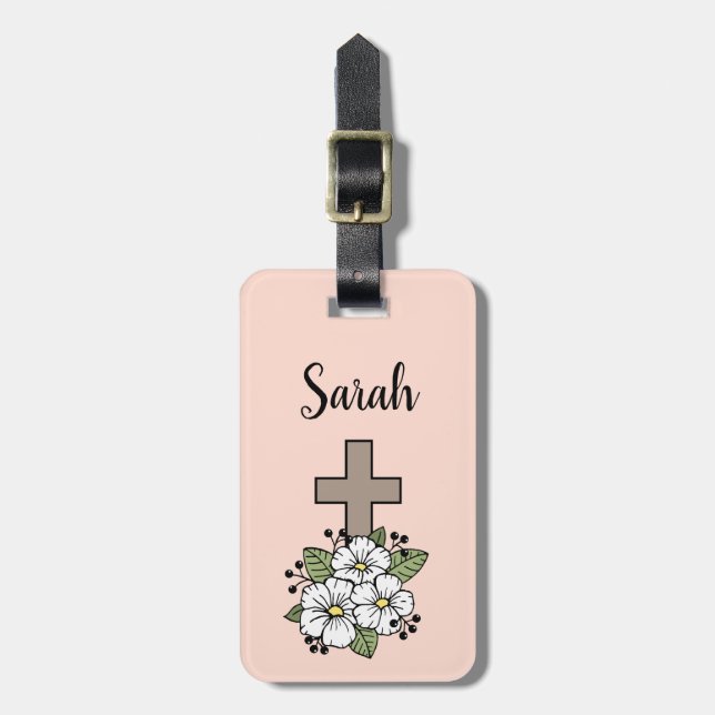 Etiqueta de Bagagem Cruz e Flor Personalizada (Frente Vertical)