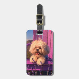 Etiqueta De Bagagem Cuddly Shih Tzu Puppy Smiles, Dog in Purple Chair