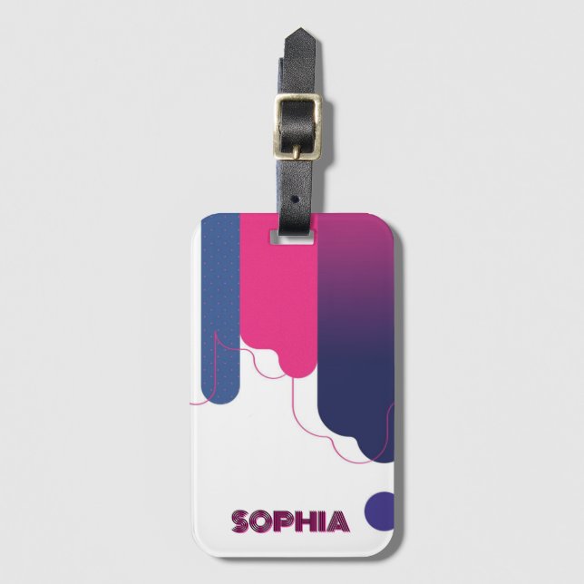 Etiqueta De Bagagem custom name BAUHAUS PINK WHITE DOTS PURPLE  (Frente Vertical)