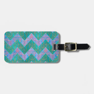 Etiqueta De Bagagem Cute Chevron com Damask Floral Turquesa Lavanda