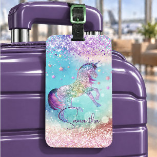 Etiqueta De Bagagem Cute unicórnio rosa Glitter arco-íris aqua monogra