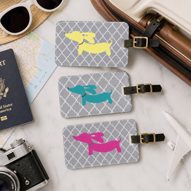 Etiqueta de Bagagem Dachshund Azul e Cinza (Wiener dog luggage tag)