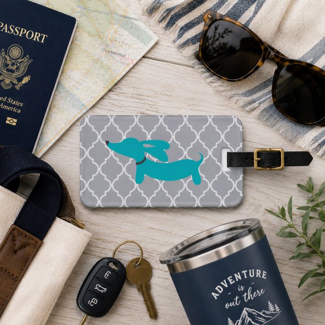 Etiqueta de Bagagem Dachshund Azul e Cinza (Wiener dog luggage tag blue and gray)