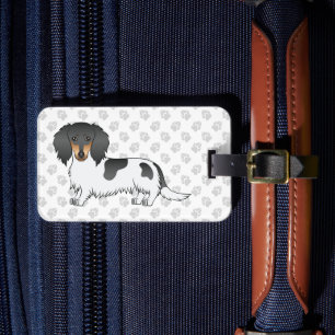 Etiqueta De Bagagem Dachshund Preto e Bege Piebald de Pelo Longo & Pat