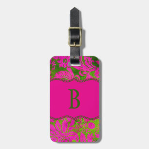 Etiqueta De Bagagem Damasco cor-de-rosa e verde do vintage