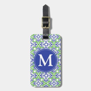Etiqueta De Bagagem Damasco elegante do Arabesque azul & verde