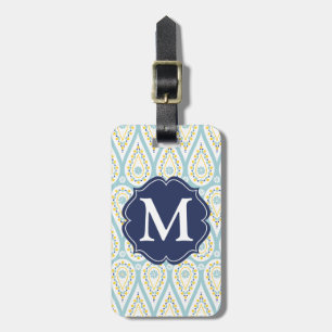Etiqueta De Bagagem Damasco elegante moderno Paisley azul