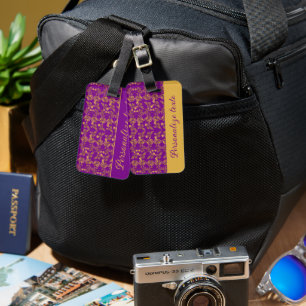 Etiqueta De Bagagem Damasco Floral de Luxo em Ouro sobre Roxo Real
