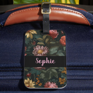 Etiqueta De Bagagem Dark Vintage Floral Custom Name Elegant Travel