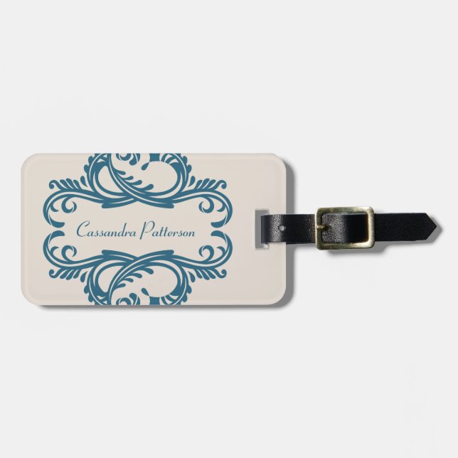 Etiqueta de Bagagem de Chic Damask Azul (Frente Horizontal)