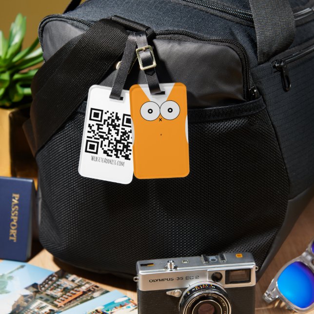 Etiqueta de bagagem de gato surpreso com código QR (Frente e verso)