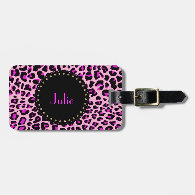 Etiqueta de Bagagem de Leopardo Rosa-Chic (Frente Horizontal)