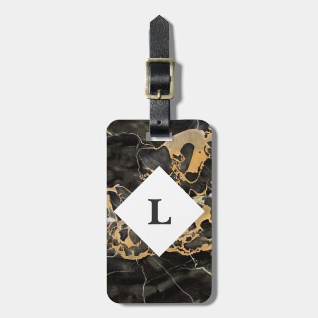 Etiqueta de bagagem de mármore Dourada e preta per (Frente Vertical)