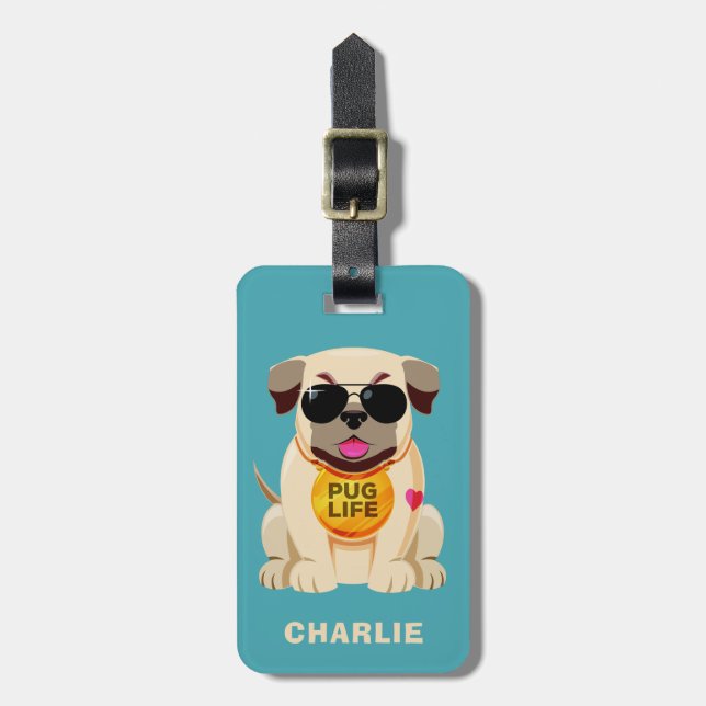 Etiqueta de bagagem de texto personalizada Pug Lif (Frente Vertical)