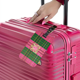Etiqueta de bagagem de Xadrez verde e rosa com mon