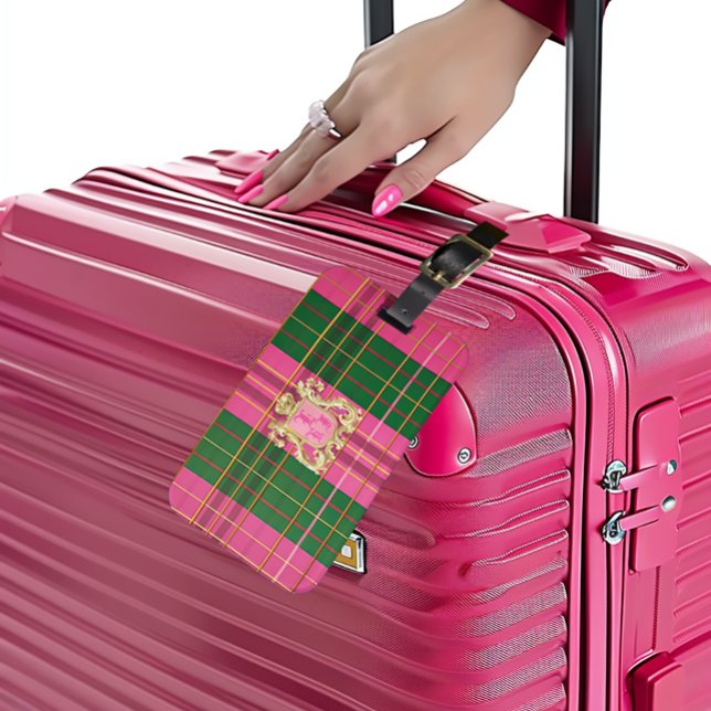 Etiqueta de bagagem de Xadrez verde e rosa com mon (Stylish Monogrammed Plaid Luxe Luggage Tag)
