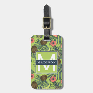 Etiqueta De Bagagem Desenho da Fruta tropical sobre padrão verde