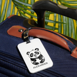 Etiqueta De Bagagem Desenho de Panda Branco e Preto Minimalista
